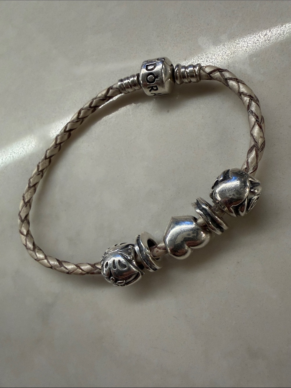 Pandora champagne Braided Leather Sterling Charm Bracelet - Picture 2 of 5
